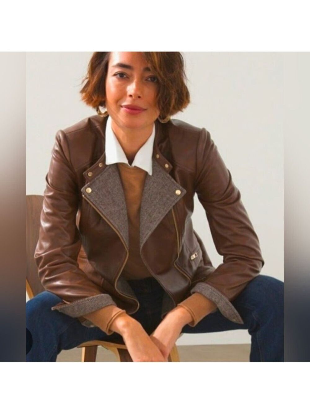 Chico's Womens Brown Faux Leather Moto Jacket Herringbone Trim Gold Hardware